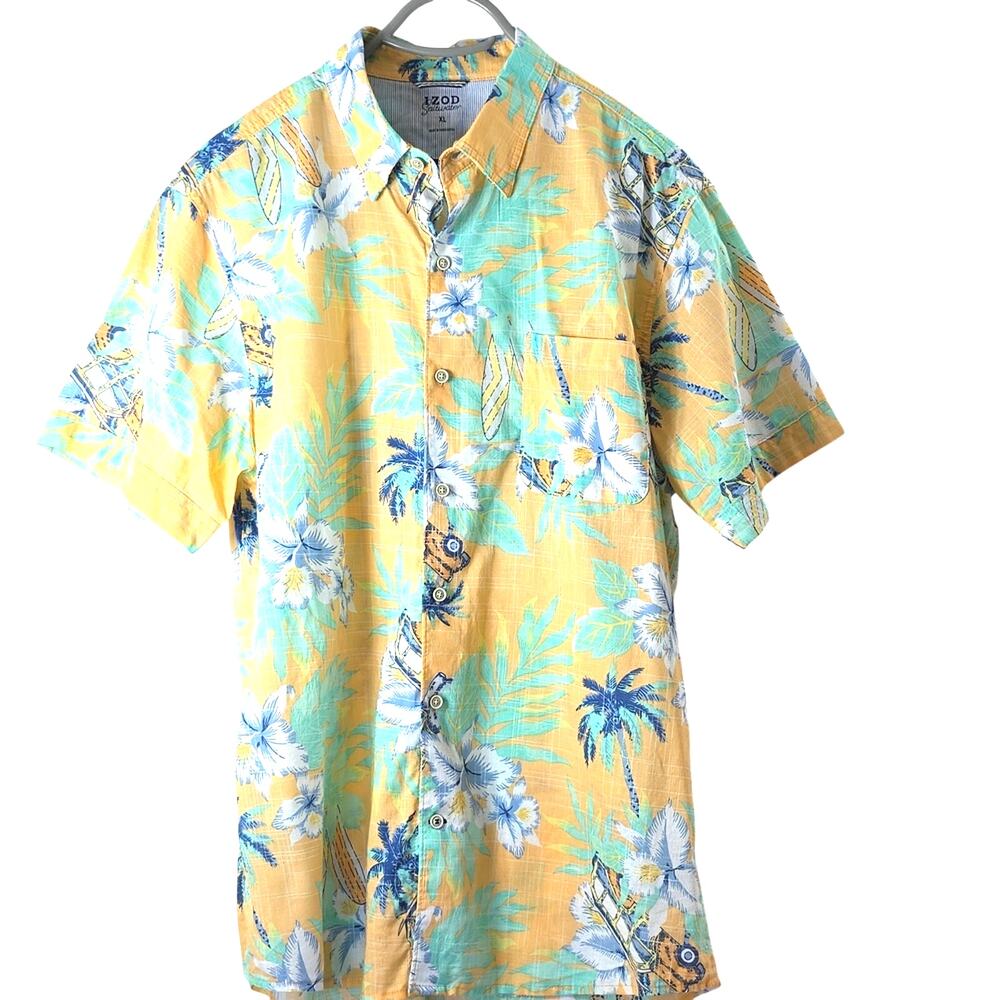 Mens Sz XL Tropical Beachy Vacation Islands SS Button Up Izod Saltwater Shirt